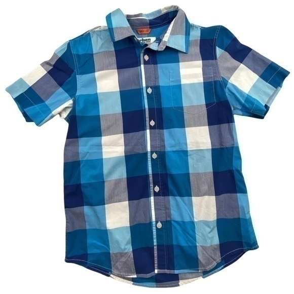 Urban Pipeline Max Flex Top Boys Large Blue and White Short Sleeve Button Down - Picture 1 of 13